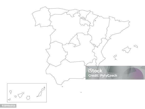 Mappa Della Spagna Condito In 17 Comunità Autonome Amministrative Semplice Contorno Nero Sottile Su Sfondo Bianco - Immagini vettoriali stock e altre immagini di Spagna