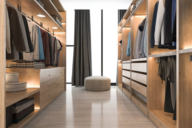 3d rendering moderno scandinavo legno bianco camminare nell'armadio con armadio vicino alla finestra - closet clothing indoors domestic room foto e immagini stock