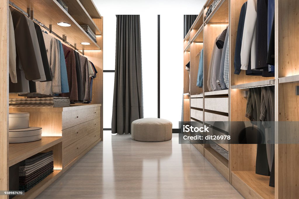 3d rendering modern scandinavian white wood walk in closet with wardrobe near window 3d rendering interior and exterior design Walk-in Closet Stock Photo