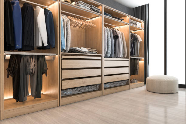 3d rendering modern scandinavian white wood walk in closet with wardrobe near window stock photo
