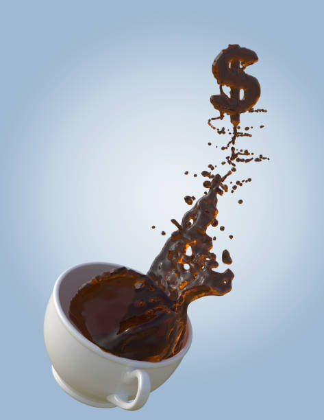 istock Black coffee splashes fun patterns in white cups 3d illustration isolated include clipping path on  blue background illustration 938989694