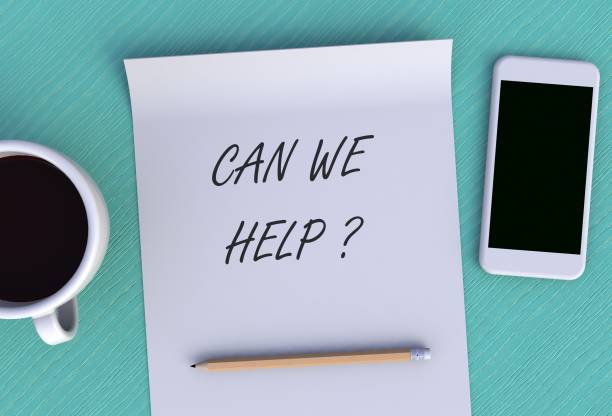 CAN WE HELP, message on paper, smart phone and coffee on table, 3D rendering