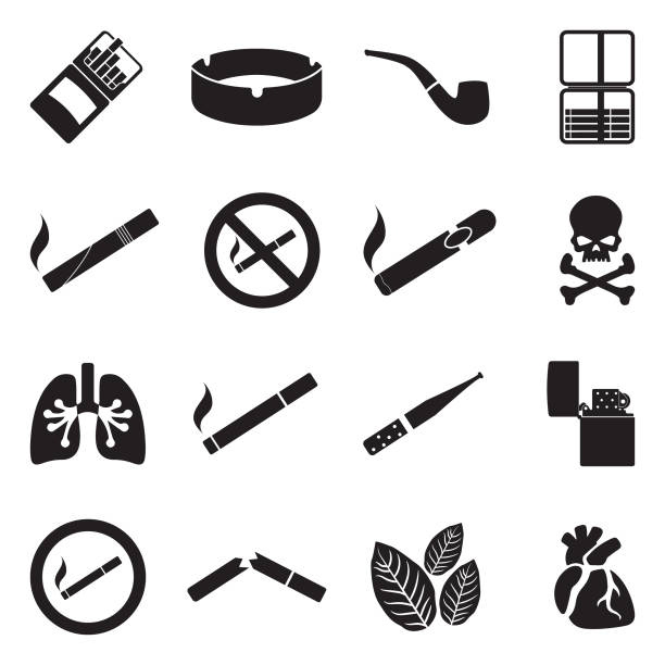 Smoking Icons. Black Flat Design. Vector Illustration. Smoke, Lighter, Bad Habit, Smoking pipe, Weed. stop narcotics stock illustrations