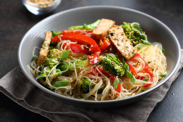 Glass noodles with  stir fry meat, food closeup stock photo
