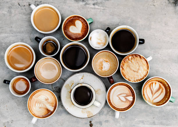Aerial view of various coffee Aerial view of various coffee serving food and drinks photos stock pictures, royalty-free photos & images