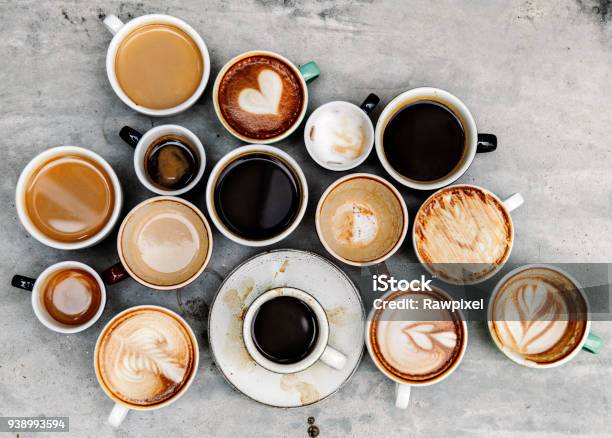 Aerial View Of Various Coffee Stock Photo - Download Image Now - Coffee - Drink, Variation, Cup