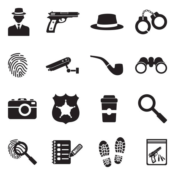 Detective Icons. Black Flat Design. Vector Illustration. Crime Scene, Private Detective, CSI, Forensics. binoculars patterns stock illustrations