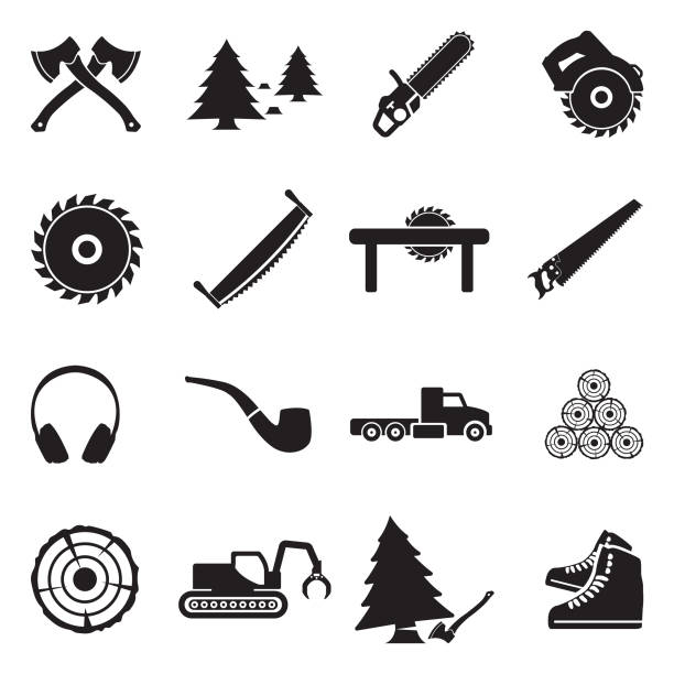 holzfäller-symbole. schwarze flache bauweise. vektor-illustration. - lumberjack lumber industry forester axe stock-grafiken, -clipart, -cartoons und -symbole