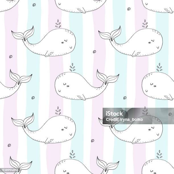 Cute Background With Cartoon Whales Baby Shower Design Stock Illustration - Download Image Now