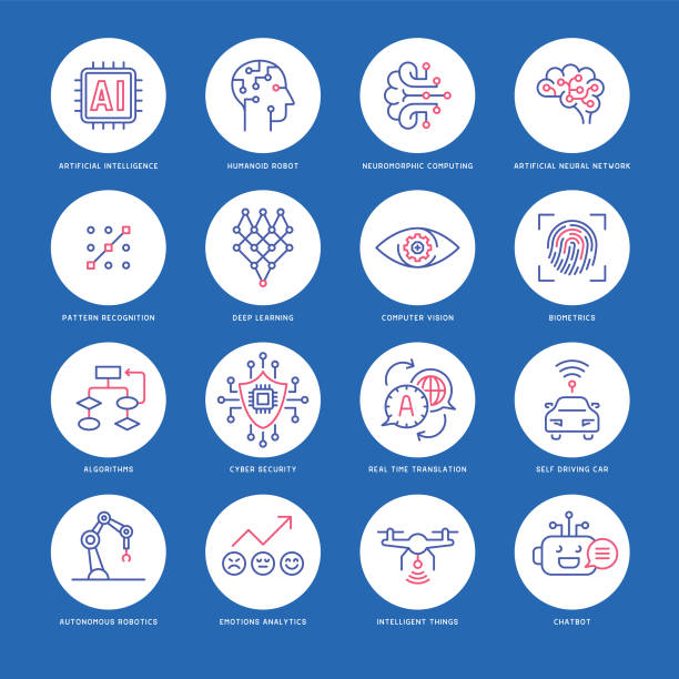 ilustraciones, imágenes clip art, dibujos animados e iconos de stock de conjunto de iconos de inteligencia artificial - aprendizaje profundo