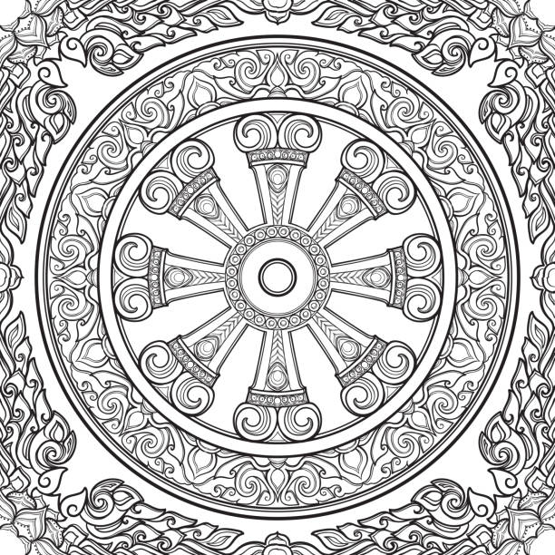 Dharma Wheel, Dharmachakra. Symbol of Buddha's teachings on the path to enlightenment, liberation from the karmic rebirth in samsara. Seamless pattern. Dharma Wheel, Dharmachakra. Symbol of Buddha's teachings on the path to enlightenment, liberation from the karmic rebirth in samsara. Seamless pattern. EPS10 vector illustration dharmachakra stock illustrations