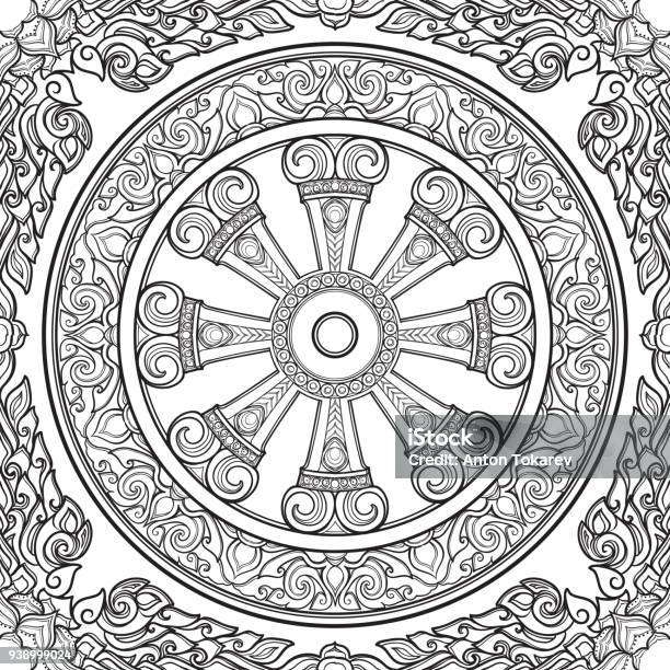 Dharma Wheel Dharmachakra Symbol Of Buddhas Teachings On The Path To Enlightenment Liberation From The Karmic Rebirth In Samsara Seamless Pattern Stock Illustration - Download Image Now