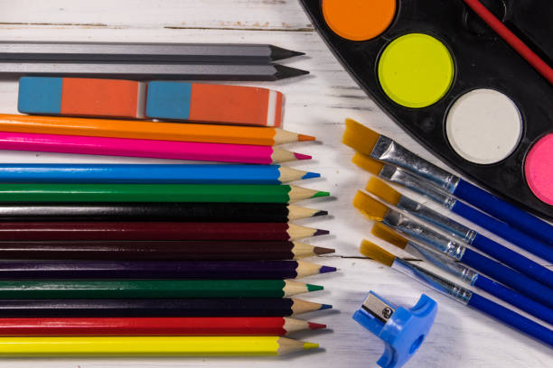 istock Set of drawing tools on white wooden background 939006118