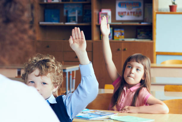 istock Teacher and kids with hands up in an elementary school class 939006384