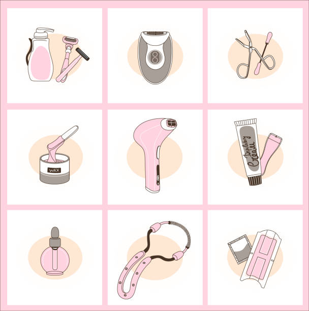 Vector set of hair removal tools. Vector set of hair removal tools. Flat style with delicate outline and nude colors. hair threading stock illustrations