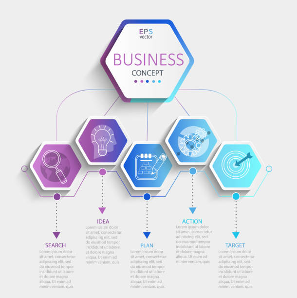 ilustrações de stock, clip art, desenhos animados e ícones de modern hexagon infographic. - flowing action flow chart process chart