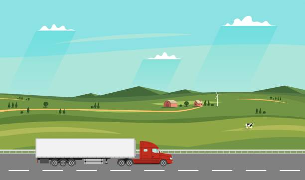 ilustrações de stock, clip art, desenhos animados e ícones de truck on the road. summer rural landscape with farm. heavy trailer truck. - highway truck road driving