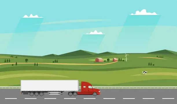 Vector illustration of Truck on the road. Summer rural landscape with farm. Heavy trailer truck.