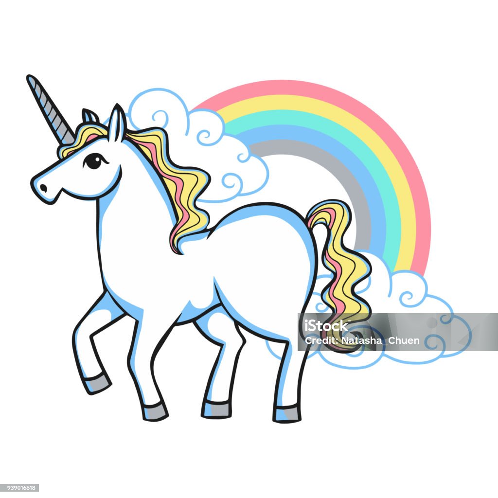 Cartoon unicorn with rainbow and clouds. Animal stock illustration