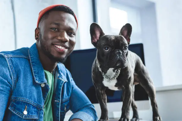 Photo of Young man with French bulldog by computer screen