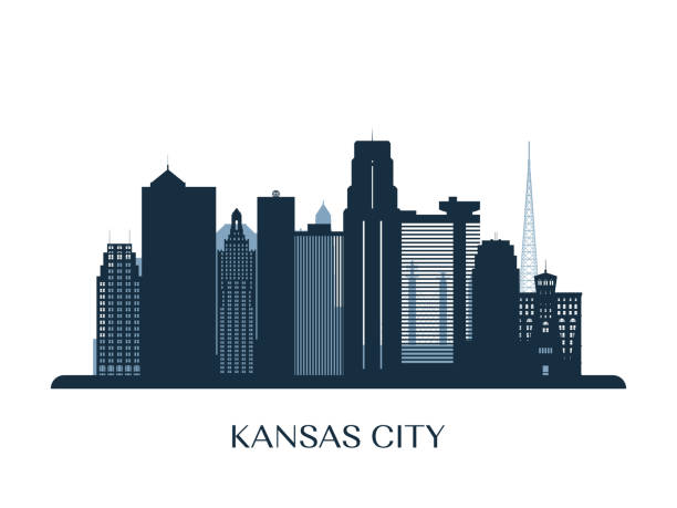 ilustrações de stock, clip art, desenhos animados e ícones de kansas city skyline, monochrome silhouette. vector illustration. - kansas kansas city missouri city skyline