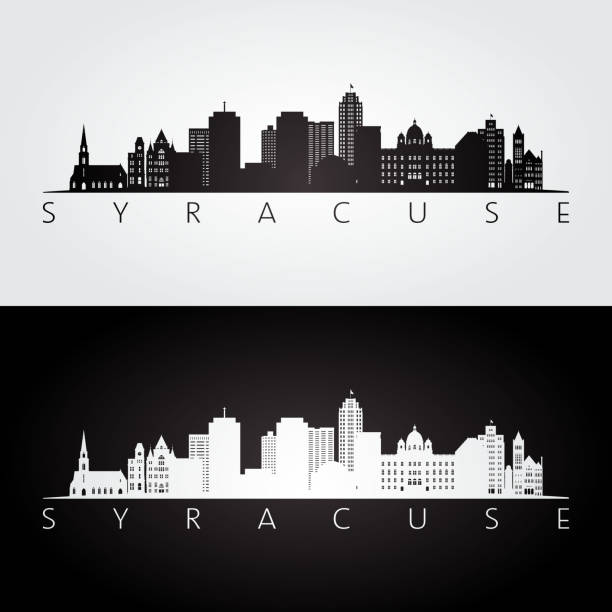 cakrawala syracuse usa dan siluet landmark, desain hitam dan putih, ilustrasi vektor. - syracuse new york ilustrasi stok