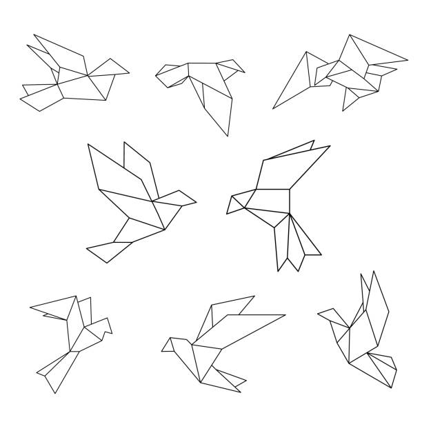 ilustrações de stock, clip art, desenhos animados e ícones de set of black line geometric dove. vector illustration. - origami crane