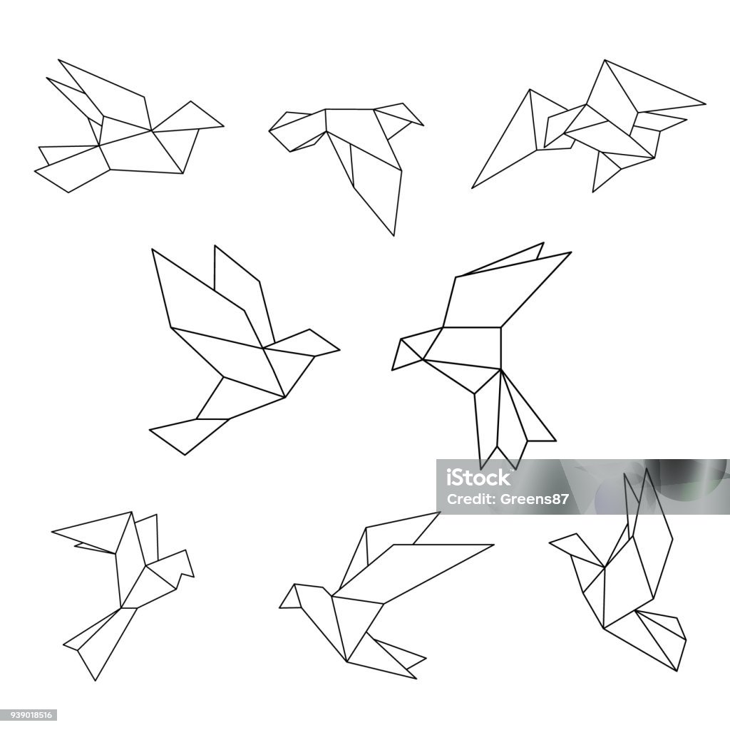 Set of black line geometric dove. Vector illustration. Origami stock vector
