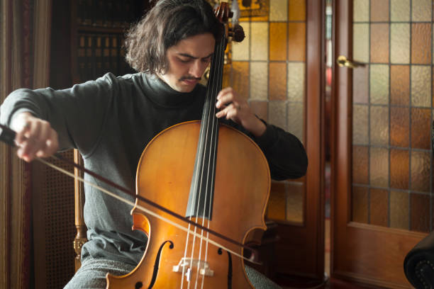 istock Handsome artist playing cello with serious face 939019662