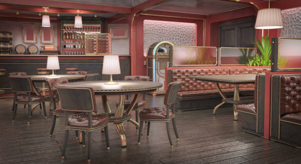 istock Interior restaurant is in red with a bar and tables, leather armchairs and jukebox. 939020308