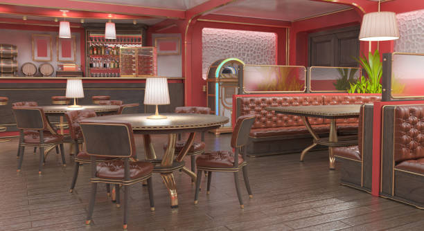 istock Interior restaurant is in red with a bar and tables, leather armchairs and jukebox. 939022626