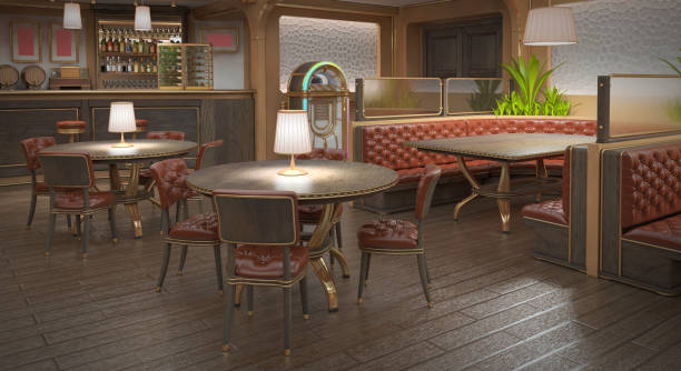 istock Interior restaurant is in red with a bar and tables, leather armchairs and jukebox. 939022660