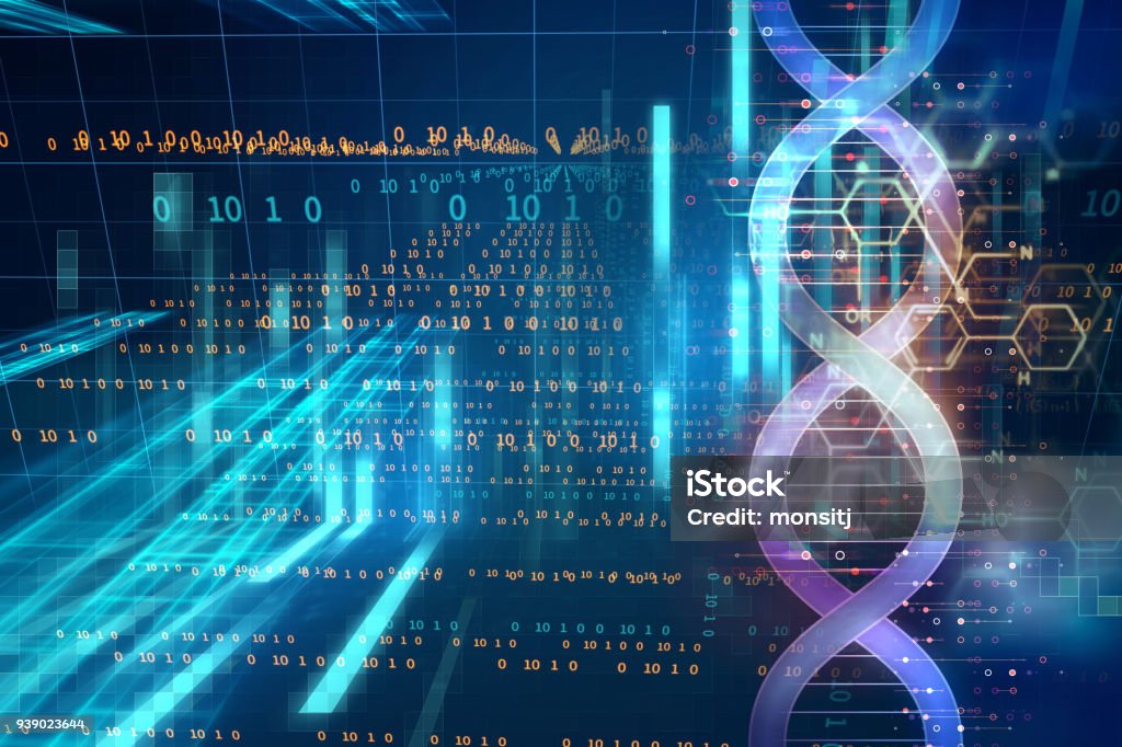 抽象的な技術背景上のDNA分子 - DNAのロイヤリティフリーストックフォト