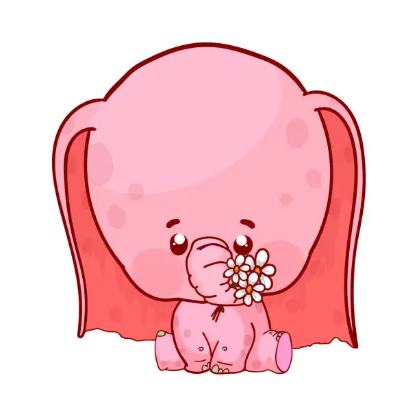 Vector illustration of Cute cartoon baby elephant with flowers.