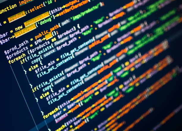 istock Lines of php code on the monitor. Dark blue background. Close-up 939027772