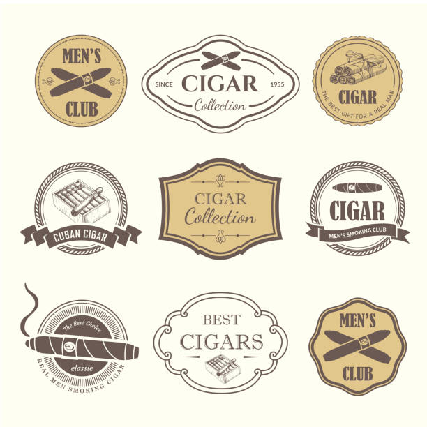 illustrations, cliparts, dessins animés et icônes de illustration vectorielle avec icône et étiquettes. symboles simples tabac, cigares. traditions de fumée. illustrations décoratives, icône pour votre conception. style de gentleman - cigare