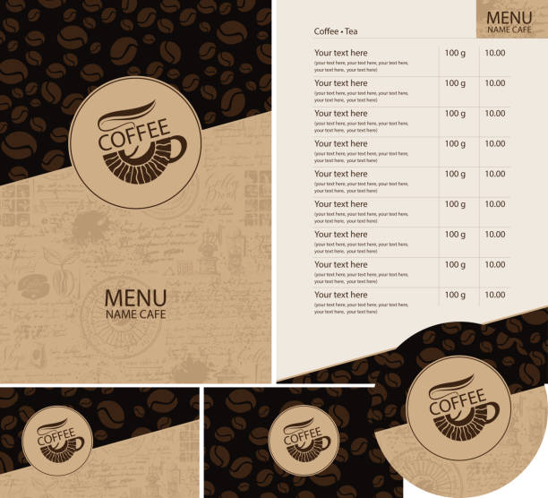 Vector set of design elements for coffee house Vector set of design elements for coffee house. Menu, price list, business cards and coasters for drinks with cup of hot coffee on background with coffee beans pattern and old manuscript with doodles coffee background stock illustrations