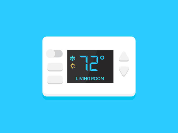 ilustraciones, imágenes clip art, dibujos animados e iconos de stock de termostato digital moderno - termostato