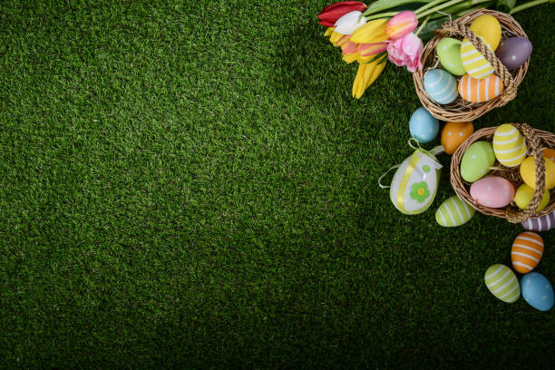 istock above top view of multi colored painted easter eggs with springtime tulip bouquet flowers on green grass 939043592