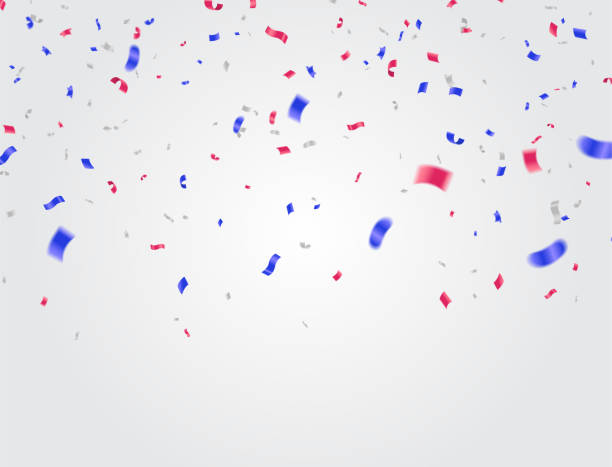 istock Celebration background template with confetti and ribbons red and blue 939044100