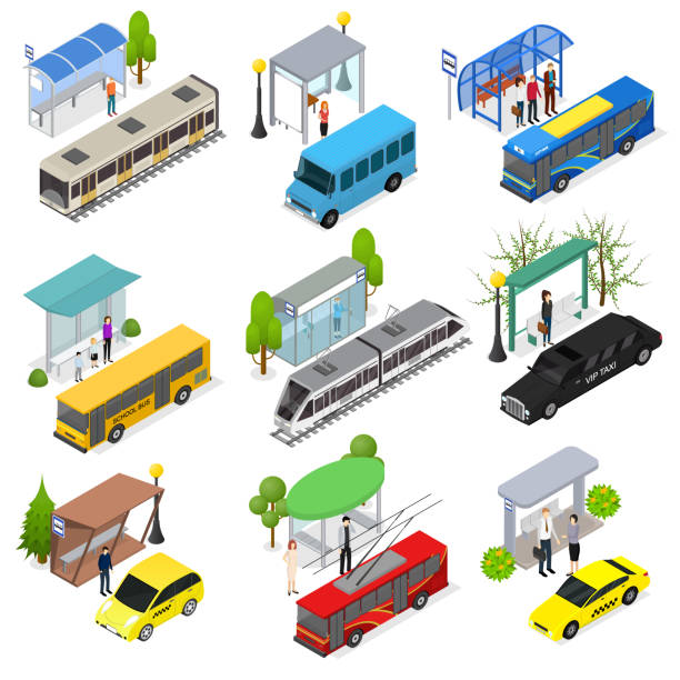 Different Types City Public Transport 3d Icons Set Isometric View. Vector Different Types City Public Transport 3d Icons Set Isometric View Include of Bus, Taxi, Tram and Trolley. Vector illustration bus transportation stock illustrations