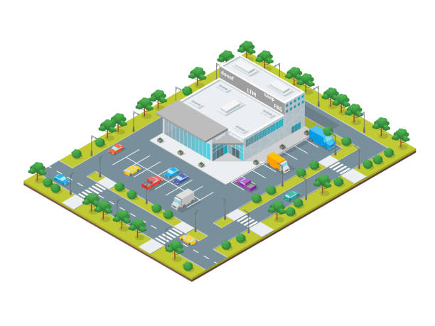 Supermarket or Shop Building Concept 3d Isometric View. Vector Supermarket or Shop Building Concept 3d Isometric View Exterior Construction with Street and Car. Vector illustration of Store or Mall supermarket drawings stock illustrations