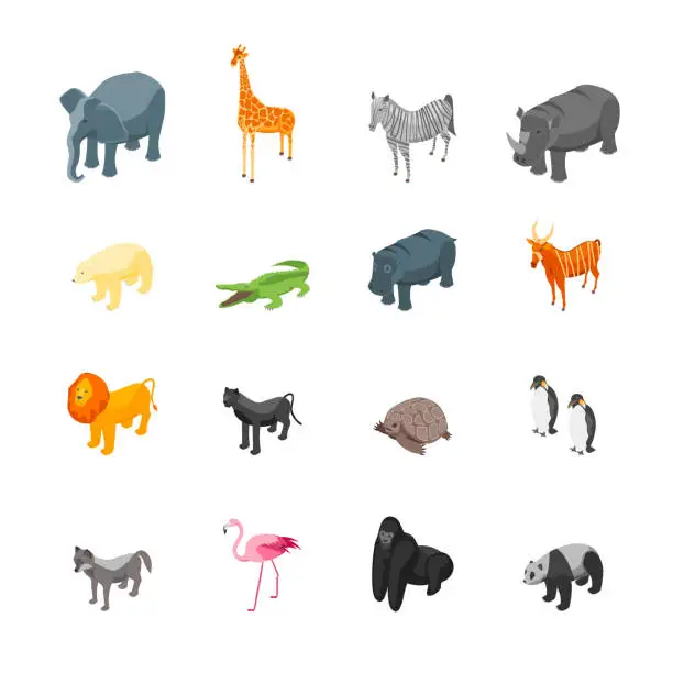 Vector illustration of Wild Animals 3d Icons Set Isometric View. Vector