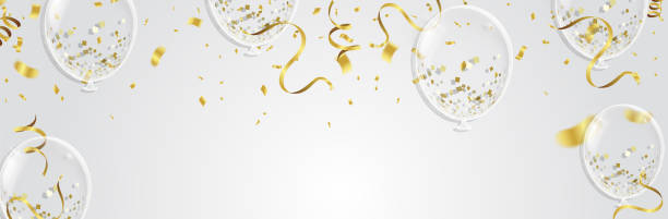 istock Gold balloons, confetti and streamers on white background. Vector illustration. 939054908