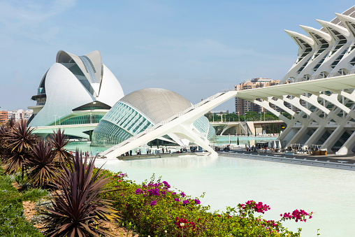Valencia, Spain - May 28, 2017: The City of Arts and Sciences is an ensemble of six areas in the dry river bed of the now diverted River Turia in Valencia, Spain. Designed by Valencian architect Santiago Calatrava and started in July 1996, it is an impressive example of modern architecture.