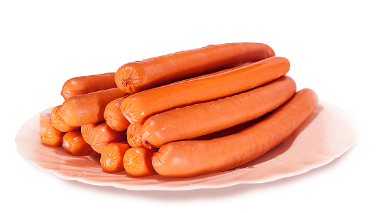 A lot of sausages on a white isolated background.