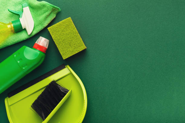 Various cleaning supplies, housekeeping background