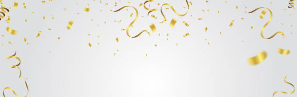 goldene luftballons, konfetti und luftschlangen auf weißem hintergrund. vektor-illustration. - confetti balloon white background isolated stock-grafiken, -clipart, -cartoons und -symbole