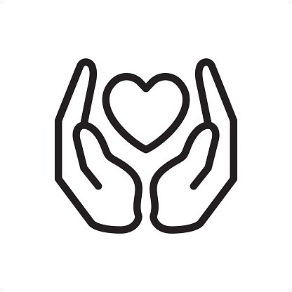 Palms holding heart — Professional outline black and white vector icon.
Pixel Perfect Principle - icon designed in 64x64 pixel grid, outline stroke 2 px.

Complete Outline BW board — https://www.istockphoto.com/collaboration/boards/74OULCFeYkmRh_V_l8wKCg