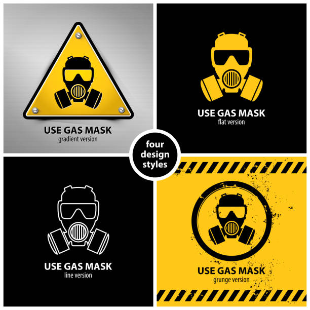 ilustraciones, imágenes clip art, dibujos animados e iconos de stock de conjunto de símbolos de la máscara de gas - careta antigás